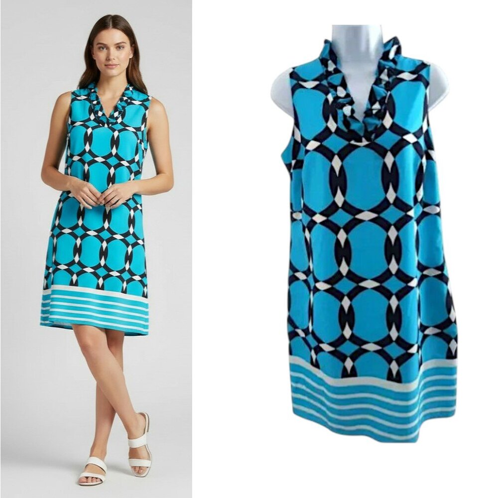 Crown & Ivy Geometric Shift Dress Women's size 4 Blue Sleeveless Ruffled Pockets